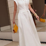 Cap Sleeve Loose Buttoned Solid Color Split-Side Tied Waist Maxi Dresses Shirt Dress