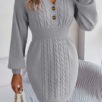 Buttoned V-neck twist lantern sleeves hip-hugging sweater dress