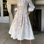 Moira Long Puff Sleeve Multicolor Floral Midi Dress