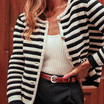 Black Contrast Striped Print Button Up Cardigan