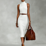 Women's Elegant White Knitted High-neck Sleeveless Fitted Midi Dress
