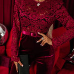 Sonya Lace Velvet Patchwork Long Sleeve Belted Flare Stretch Jumpsuit