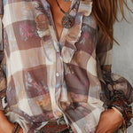 Bohemian Plaid Floral Chiffon Print Blouse With Ruffles