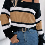 Striped Contrasting Metal Buckle Loose Long-sleeved Knitted Sweater
