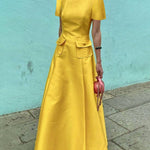 Short Sleeves Pockets Solid Color Split-Joint Round-Neck Maxi Dresses