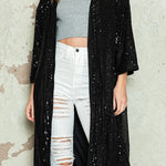 Apricot Sequin 3/4 Sleeve Open Front Duster Cardigan