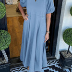 Women's Puff Sleeve Round Neck Long Dress