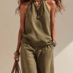 Retro Halter-neck Cotton And Linen Set