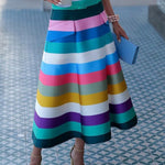 A-Line Loose Belted Contrast Color Split-Joint Striped Skirts Bottoms