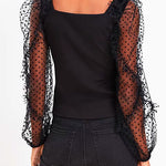 Square Collar Ruffle Dotted Sheer Sleeve Top