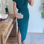 Mockneck Short Sleeves Waisted Side Slit Midi Dress