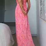 Halter V Neck Open Back Print Pleated Maxi Dress