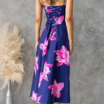 Adjustable Strap Back Lace-up Floral Print Midi Dress