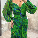Margovil Off Shoulder Rhinestones Detail Printed Slit Pleated Maxi Dress