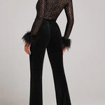 Margovil Feather Cuffs Bell Bottom Velvet Splice Jumpsuit
