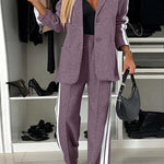 Margovil Patchwork Notch Lapel Pocketed Blazer Elastic Waist Wide Leg Pants Casual Set