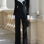 Off-Shoulder Contrast-Collar Tailored Blazer And Straight-Leg Trousers Set