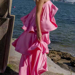 Margovil Spaghetti Strap Ruffle Layered Satin Maxi Dress