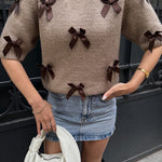Crewneck Short Sleeves Bow Decorative Sweater Top