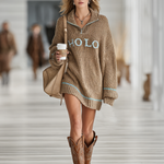 Women's Loose Letter Jacquard Zipper Lapel Mini Knit Dress