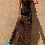 Gypsy Style Unique Print Cowl Neck Back Lace-up Slit Midi Dress