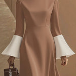 Flared Sleeves High Waisted Contrast Color Pleated Split-Joint Mock Neck Maxi Dresses