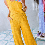Yellow Crinkled U Neck Tank and Wide Leg Pants Set
