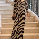 Long Sleeves Wide Leg Split-Joint Tied Waist Zebra Printed Lapel Jumpsuits