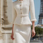 Ivory Fringed Tweed Jacket & Pencil Skirt Two-Piece Set