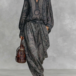 Women's Vintage Paisley Print Stand-up Collar Long Sleeve Shirt Trousers Two-piece Set
