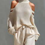 Women's Beige Knit Fabric Cold-Shoulder Turtleneck Top & Wide-Leg Pants Set