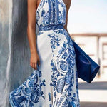 A-Line High Waisted Contrast Color Flower Print Halter-Neck Maxi Dresses