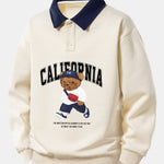 Relax Fit California Fashion Bear Print Contrast Polo Sweatshirt