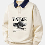 Relax Fit Vintage Car Print Contrast Polo Sweatshirt