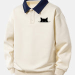 Relax Fit Black Cat Print Contrast Polo Sweatshirt