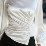 Ruched Waist Satin Long-Sleeve Blouse