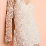 Long Sleeves Shinny Pearls Sequin Beaded Mesh Dress