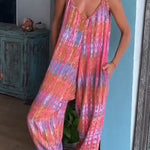 Margovil V Neck Tie Shoulder Pockets Tie Dye Cami Jumpsuit