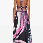 Margovil Printed Halter Tie Knot Backless Top and Irregular Hem Maxi Skirt Set