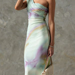 One Shoulder Watercolor Swirl Maxi Bodycon Dress