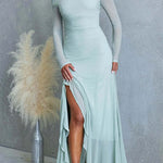 Asymmetric Shoulder Long Sleeves Slit Ruffle Maxi Dress