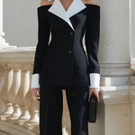 Off-Shoulder Contrast-Collar Tailored Blazer And Straight-Leg Trousers Set
