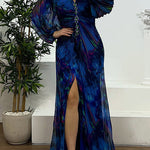 Margovil Off Shoulder Lantern Long Sleeves Printed Slit Pleated Maxi Dress