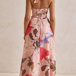 Halter V Neck Lace-up Waisted Floral Print Maxi Dress