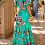 Margovil Off Shoulder Bow Waist Floral Print Ruffle Tiered Maxi Dress