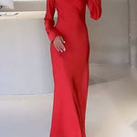 Margovil Round Neck Long Sleeves Satin Maxi Party Dress