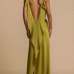 Margovil High Slit Back Drape Cascading Satin Maxi Cami Dress
