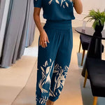 Margovil V Neck Short Sleeve Tunic Top High Waist Harem Joggers Printed Set