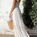 Margovil Strapless Tube Hollow Out Lace Splice Tiered Maxi Dress