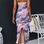 Spaghetti Strap Ruched Back Slit Printed Bodycon Midi Dress